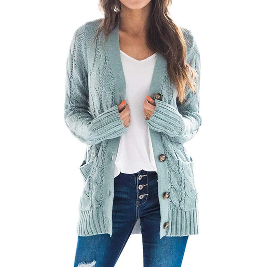 Cardigans Kniting Plain Twist Buttons Pockets Long Sleeves for Women