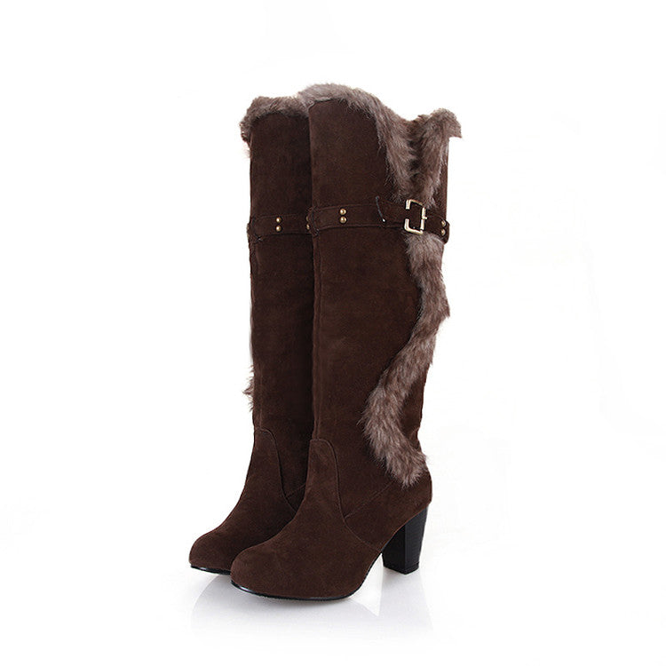 Flock Round Toe Rivets Buckle Straps Block Heel Tall Boots for Women