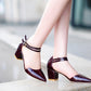 Ladies Candy Color Pointed Toe Hollow Out Double Strap Block Heel Sandals