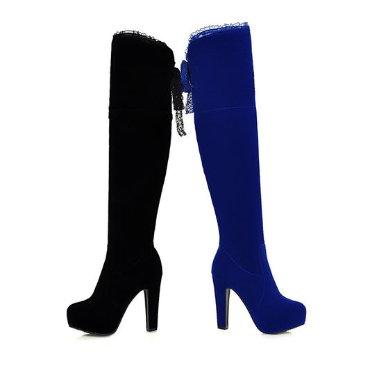 Ladies Suede Side Zippers Lace Chunky Heel Platform Over the Knee Boots