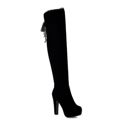 Ladies Suede Side Zippers Lace Chunky Heel Platform Over the Knee Boots