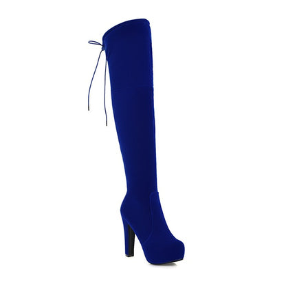 Ladies Fold Suede Back Tied Platform Chunky Heel Over the Knee Boots