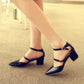 Ladies Solid Color Glossy Pointed Toe Ankle Strap Block Heel Sandals