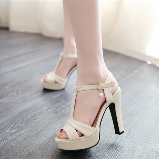 Ladies T Strap Pearls High Heel Platform Sandals