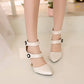 Ladies Pointed Toe Double Ankle Strap Metal Decor Chunky Heel Sandals