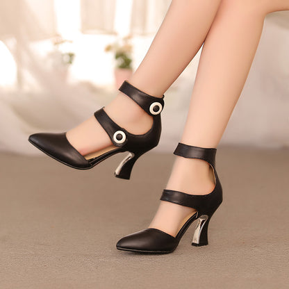 Ladies Pointed Toe Double Ankle Strap Metal Decor Chunky Heel Sandals