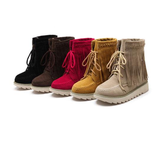 Ladies Suede Stitching Tassel Lace Up Flat Short Boots