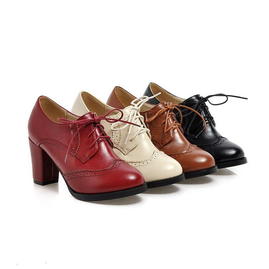Ladies Pu Leather Stitching Lace Up Block Heel Oxford Shoes