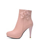 Pu Leather Almond Toe Carved Flora Cone Heel Platform Side Zippers Short Boots for Women