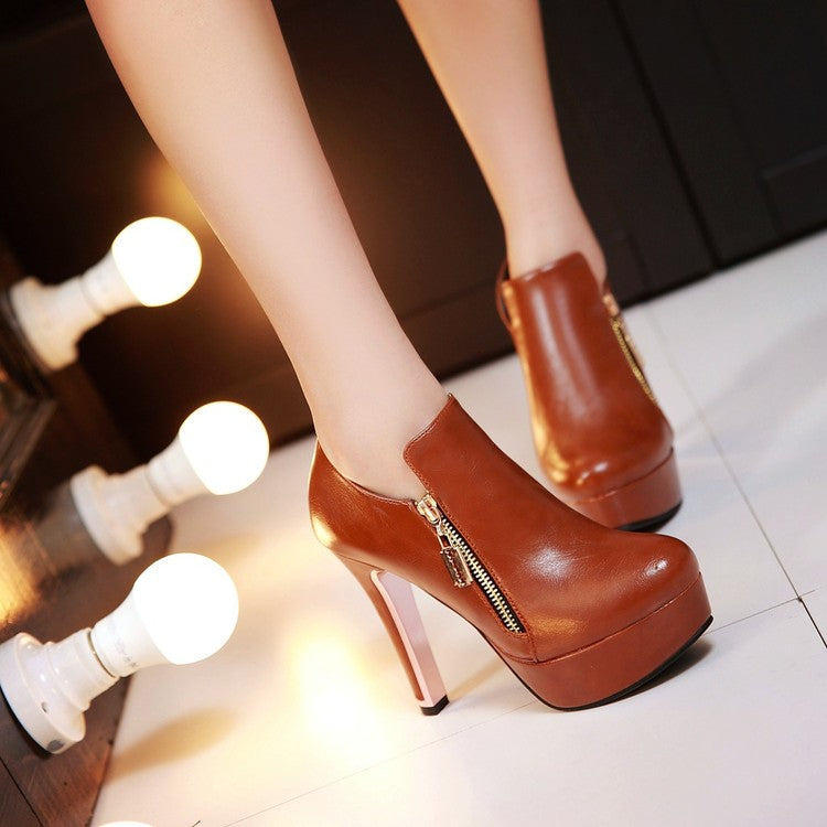 Glossy Side Zippers Chunky Heel Platform Short Boots for Women