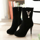 Flock Round Toe Side Zippers Rhinestone Pearls Cone Heel Platform Short Boots for Women