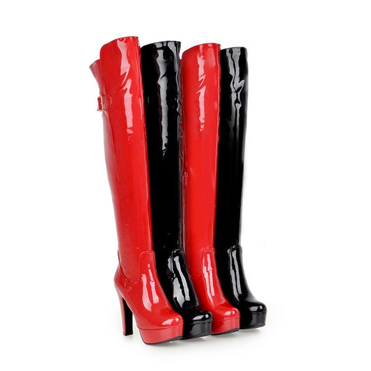 Ladies Glossy Chunky Heel Platform Over the Knee Boots