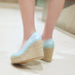 Ladies Pumps Pu Leather Round Toe Woven Wedge Heel Platform Shoes