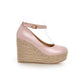 Ladies Pumps Candy Color Pu Leather Round Toe Woven Wedge Heel Platform Shoes