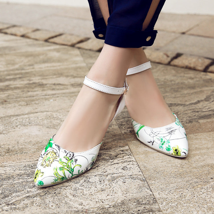 Ladies Pointed Toe Flora Printed Ankle Strap Buckle High Heel Sandals