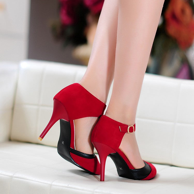 Ladies Color Block Pointed Toe Ankle Strap Buckle Stiletto High Heel Sandals