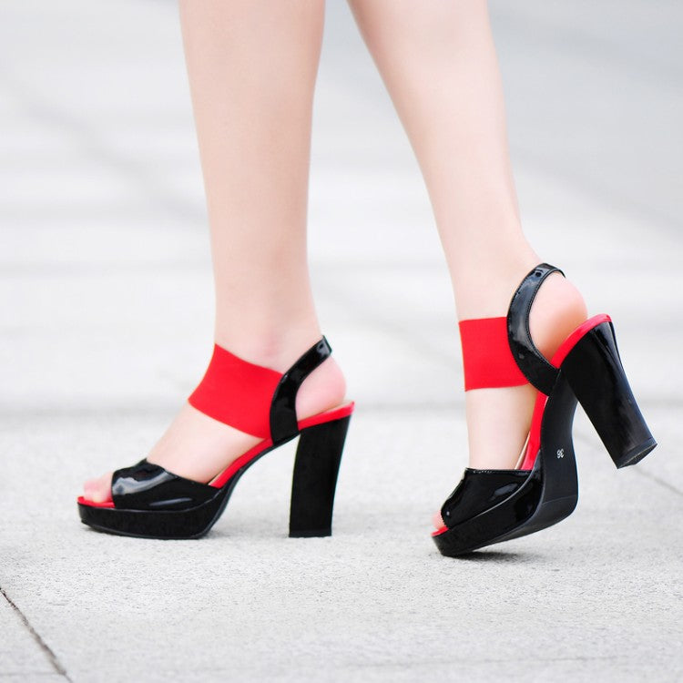 Ladies Bling Bling Glossy Color Block Round Toe High Heel Platform Sandals