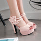 Ladies Solid Color Peep Toe Double Ankle Strap High Heel Platform Sandals