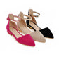 Ladies Solid Color Suede Pointed Toe Metal Decor Ankle Strap Flat Sandals