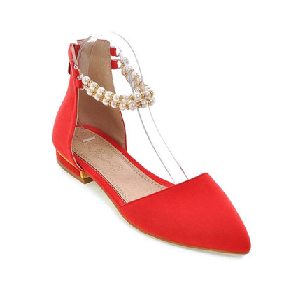 Ladies Pointed Toe Solid Color Pearls Beading Ankle Strap Flat Sandals