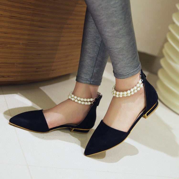 Ladies Pointed Toe Solid Color Pearls Beading Ankle Strap Flat Sandals