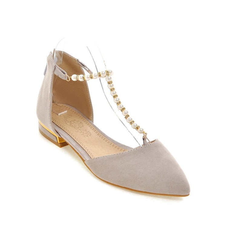 Ladies Solid Color Pointed Toe Pearls Beading Flat Sandals