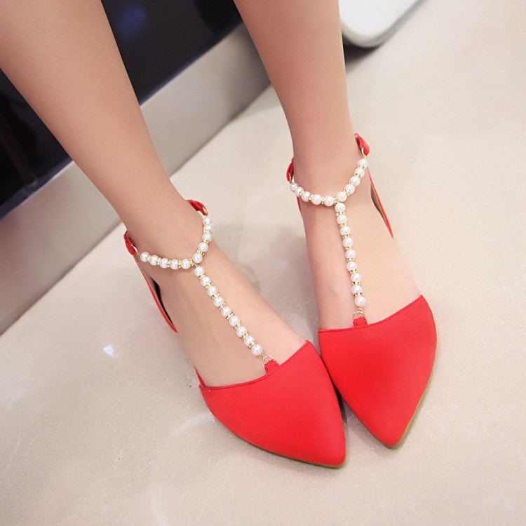 Ladies Solid Color Pointed Toe Pearls Beading Flat Sandals