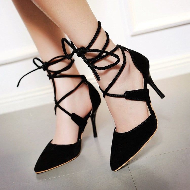 Ladies Solid Color Suede Pointed Toe Cross Strap Stiletto High Heel Sandals