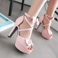 Ladies Solid Color Peep Toe Butterfly Knot Cross Ankle Strap High Heel Platform Sandals