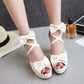 Ladies Solid Color Peep Toe Butterfly Knot Cross Ankle Strap High Heel Platform Sandals