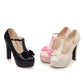 Ladies Pu Leather Almond Toe T Strap Butterfly Knot Chunky Heel Platform Pumps