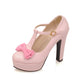 Ladies Pu Leather Almond Toe T Strap Butterfly Knot Chunky Heel Platform Pumps