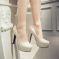 Ladies Pu Leather Round Toe Chunky Heel Platform Pumps