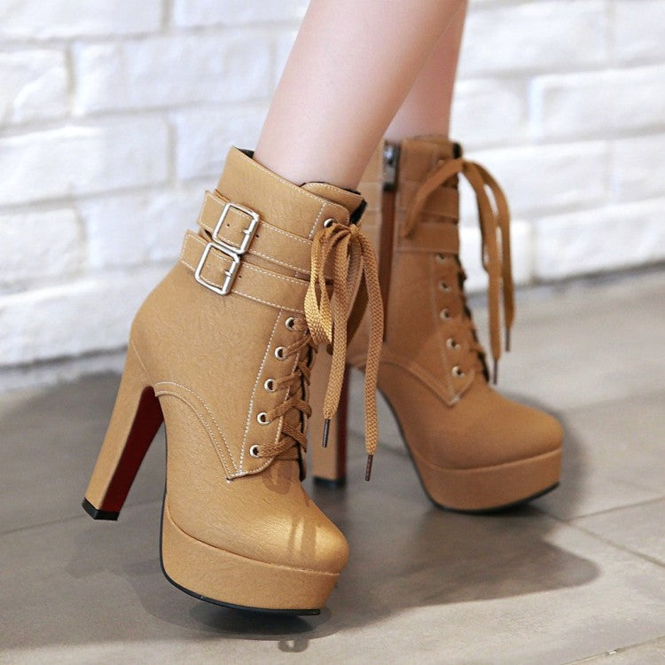 Ladies Pu Leather Round Toe Tied Belts Buckles Chunky Heel Platform Short Boots