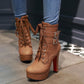 Ladies Pu Leather Round Toe Tied Belts Buckles Chunky Heel Platform Short Boots