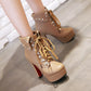 Ladies Pu Leather Round Toe Rivets Tied Belts Chunky Heel Platform Short Boots