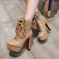 Ladies Pu Leather Round Toe Rivets Tied Belts Chunky Heel Platform Short Boots