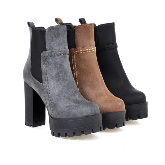 Ladies Frosted Pu Leather Round Toe Block Heel Platform Short Boots