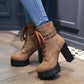 Ladies Retro Pu Leather Round Toe Tied Belts Rivets Block Heel Platform Short Boots