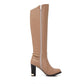 Ladies Pu Leather Round Toe Belts Buckles Chunky Heel Knee High Boots