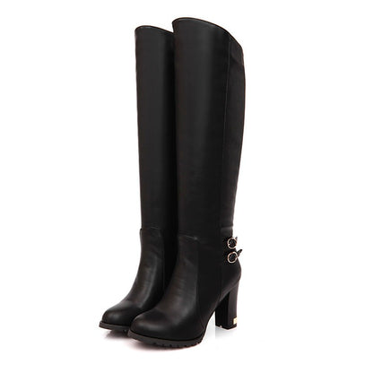 Ladies Pu Leather Round Toe Belts Buckles Chunky Heel Knee High Boots