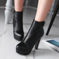 Ladies Pu Leather Round Toe Stitching Belts Buckles Chunky Heel Platform Short Boots