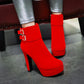 Ladies Suede Round Toe Side Zippers Belts Buckles Chunky Heel Platform Short Boots