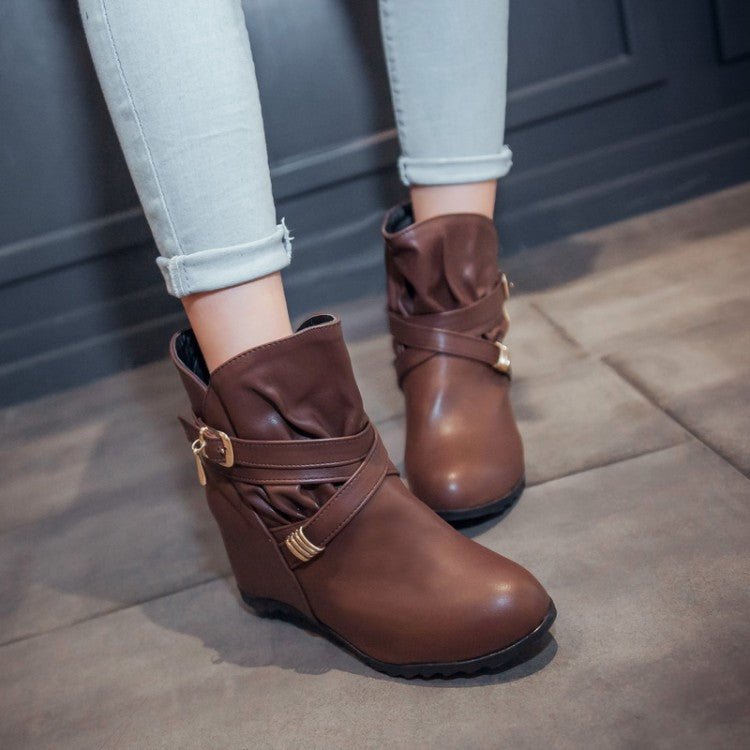 Pu Leather Round Toe Crossed Buckle Straps Wedge Heel Short Boots for Women