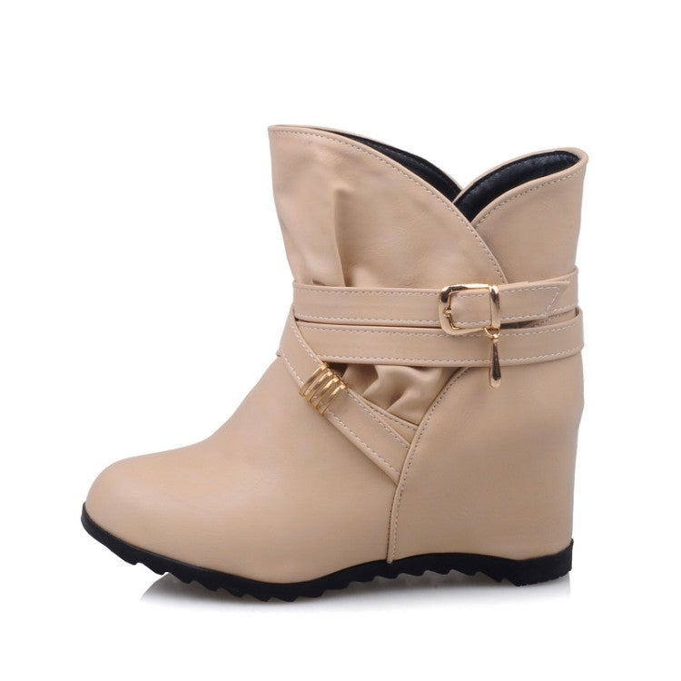 Pu Leather Round Toe Crossed Buckle Straps Wedge Heel Short Boots for Women