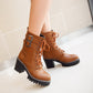 Pu Leather Almond Toe Lace Up Buckle Straps Block Heel Platform Ankle Boots for Women