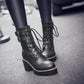 Pu Leather Almond Toe Lace Up Buckle Straps Block Heel Platform Ankle Boots for Women