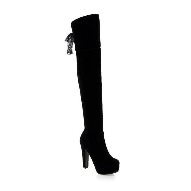 Ladies Suede Back Lace Chunky Heel Platform Over the Knee Boots