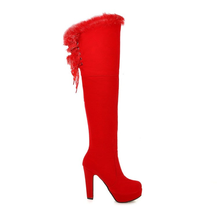 Ladies Suede Round Toe Fur Zipper Platform Chunky Heel Knee High Boots