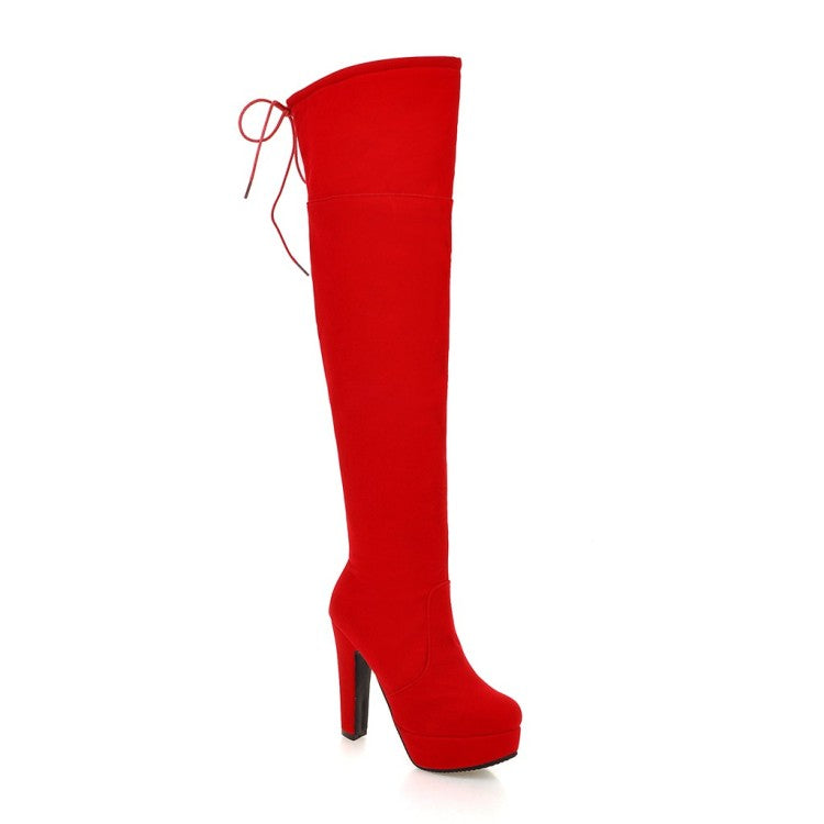 Ladies Suede Round Toe Back Tied Side Zipper Platform Chunky Heel Over the Knee Boots